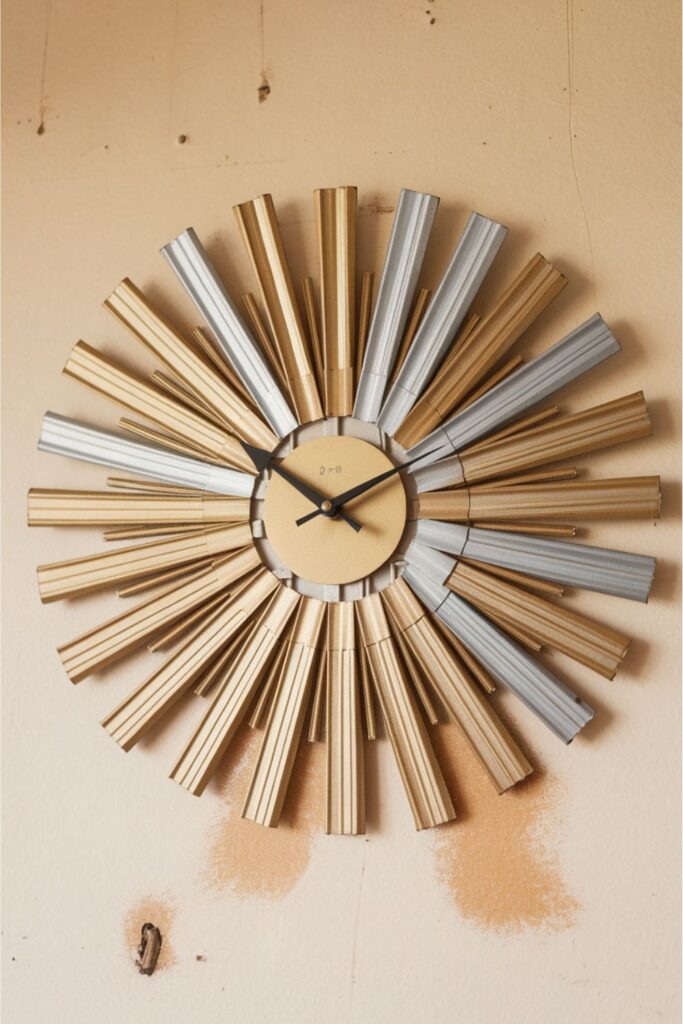 Sunburst clock made from cardboard strips radiating around a clock mechanism, painted in gold and silver metallic tones