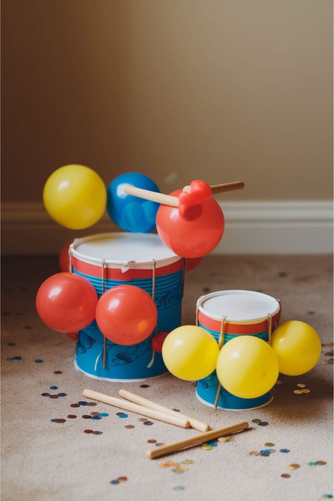 Toy drums crafted from paper cups covered with balloons, decorated in vibrant patterns, shown with small drumsticks