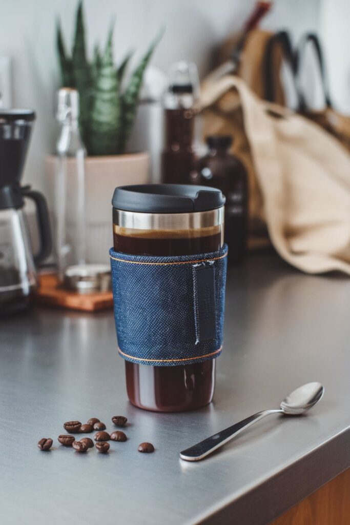 Travel mug wrapped in a denim sleeve, placed on a kitchen counter with scattered coffee beans and a spoon