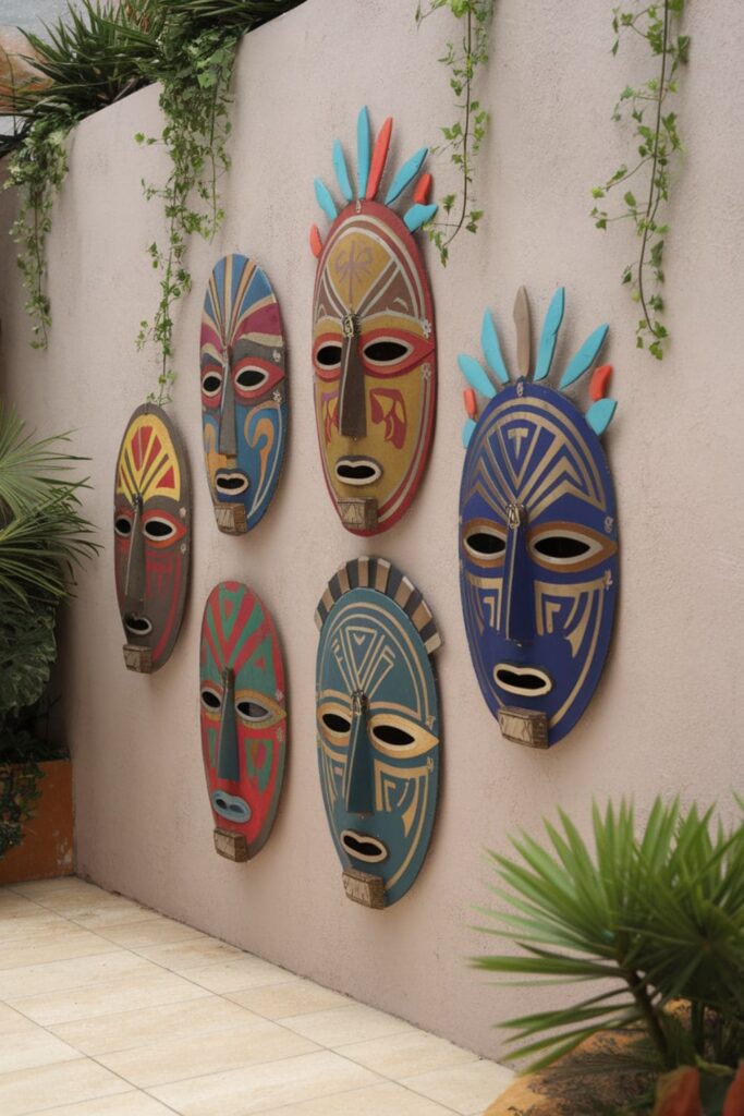 Tribal masks made from cardboard with bold geometric patterns and vibrant or metallic paint, displayed as a wall arrangement