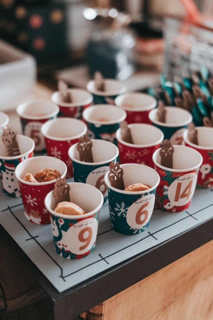 Twenty-four paper cups with festive decorations and numbers, filled with treats, arranged on a board for a holiday advent calendar