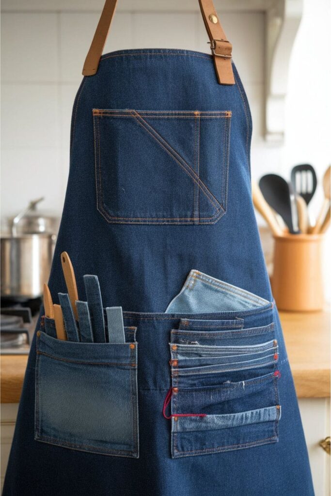 Upcycled denim apron made from old jeans, featuring a practical pocket and a durable design for cooking or crafting