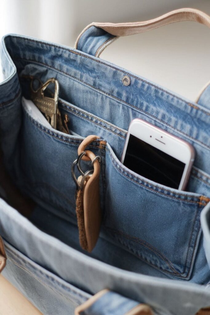 Upcycled denim bag organizer sewn from denim scraps, providing compartments for phone, keys, makeup, and other essentials