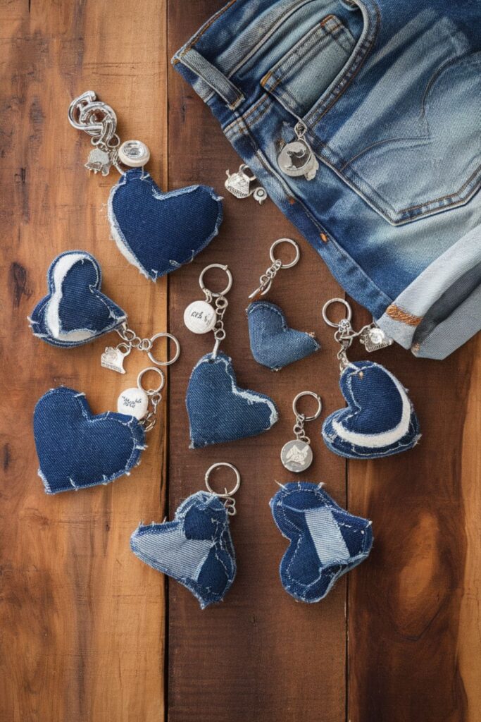 Upcycled denim keychain made from small denim shapes, sewn together and attached to a keyring, offering a cute and functional accessory