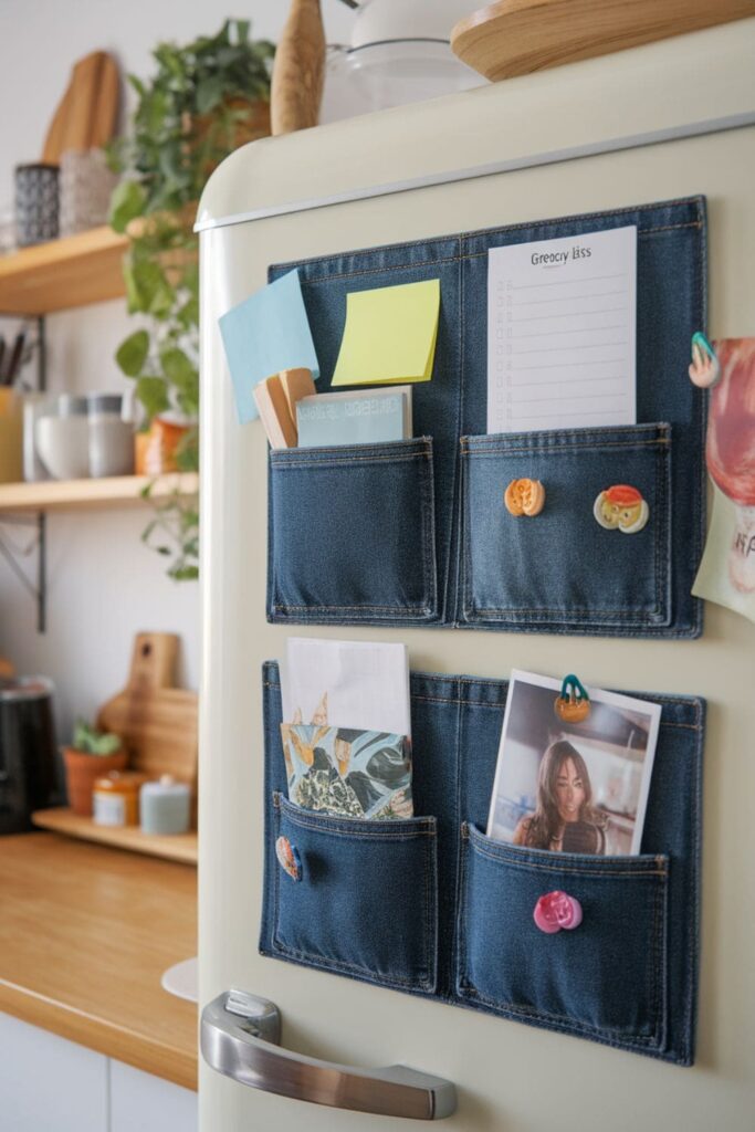 Upcycled denim pockets turned into magnets holding notes and photos on a refrigerator door