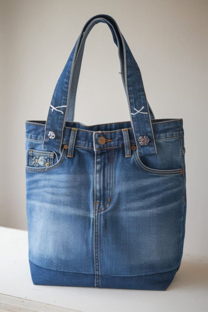 Upcycled denim tote bag made from old jeans, featuring a sturdy design with denim straps and decorative buttons