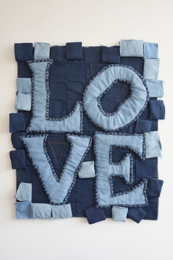 Wall art featuring denim shapes and letters sewn onto a canvas, creating a textured, unique decor piece