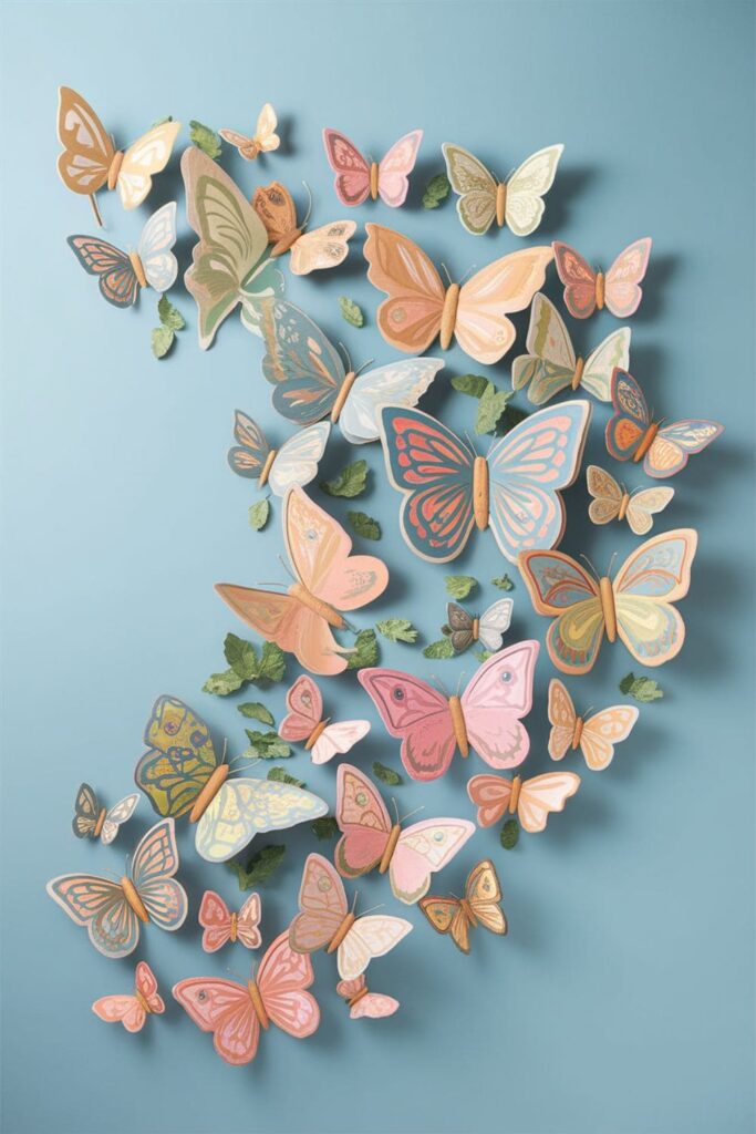 Wall art with multiple cardboard butterflies in soft pastel and vibrant colors, arranged to appear as if flying across the wall