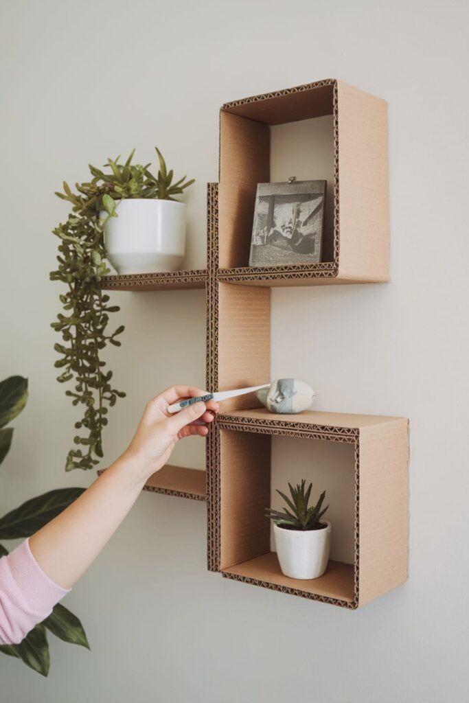 Wall-mounted cardboard shelves made from layered cardboard, painted and attached to the wall to display small objects