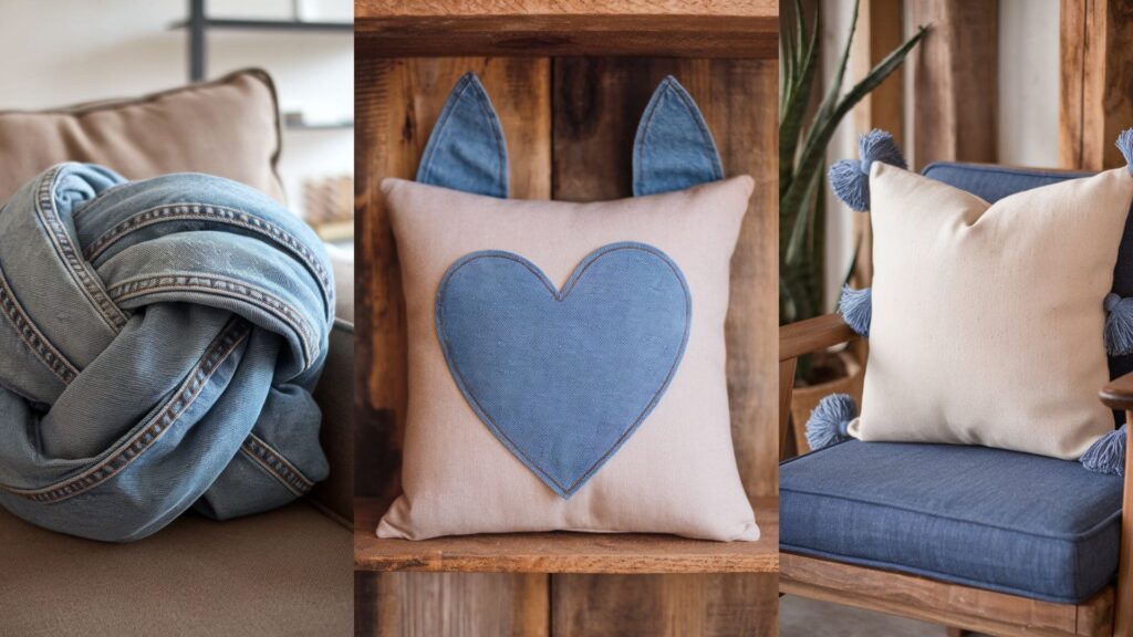 college of 3 images of diy throw pillow denim crafts