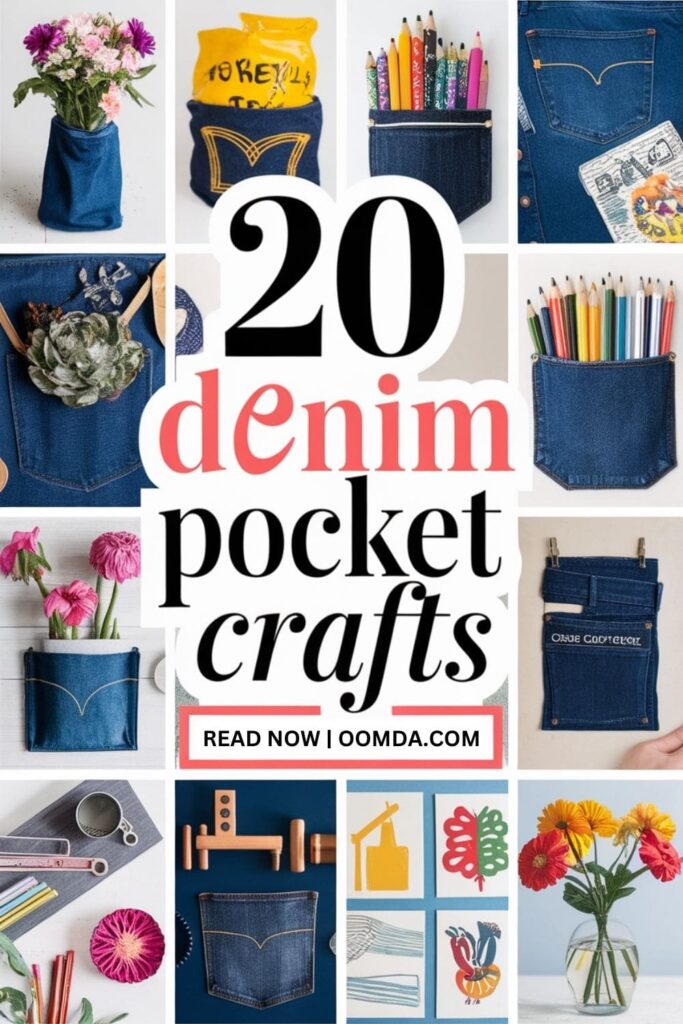 image with text overlay 20 DIY Denim Pocket Crafts, and Read Now Oomda.com text at the bottom 