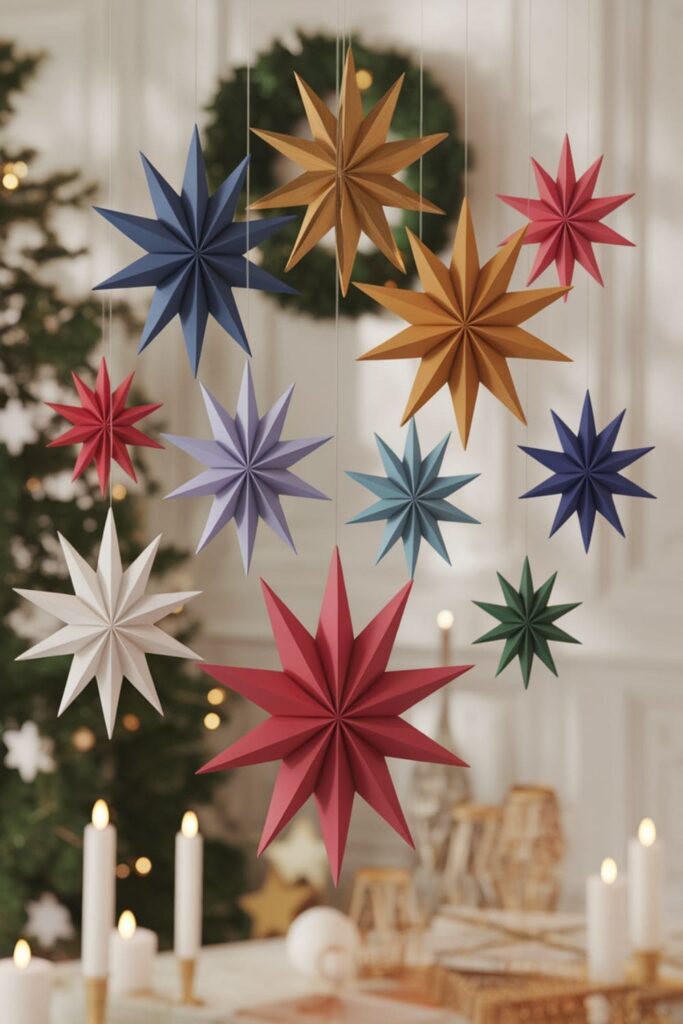 3D paper stars in various sizes hanging against a softly lit background