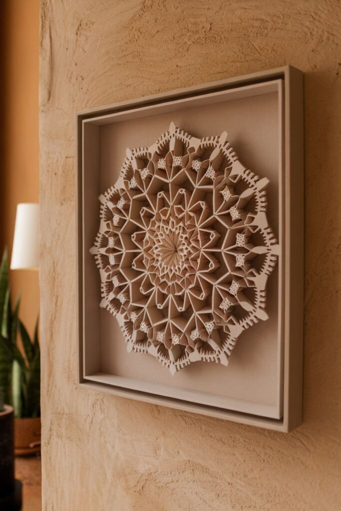 A 3D layered paper mandala in a minimalist frame