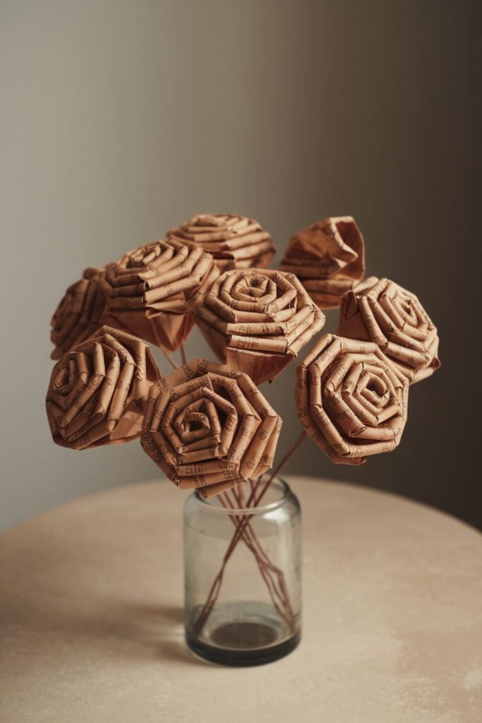 A bouquet of brown paper bag roses in a simple glass vase on a table