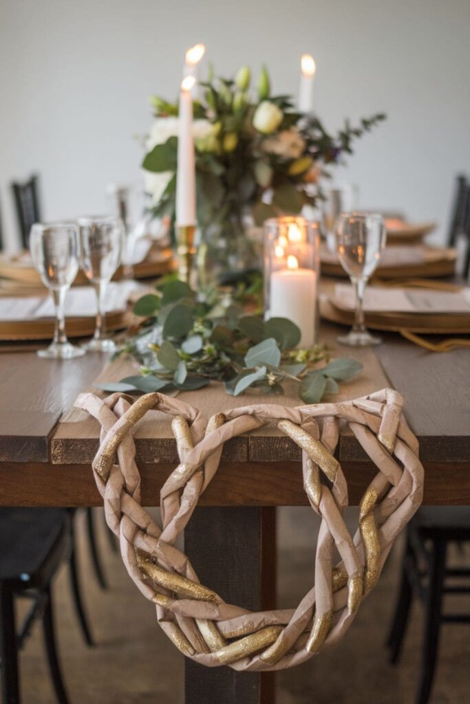 A braided paper bag table runner with metallic accents on a festive dining table