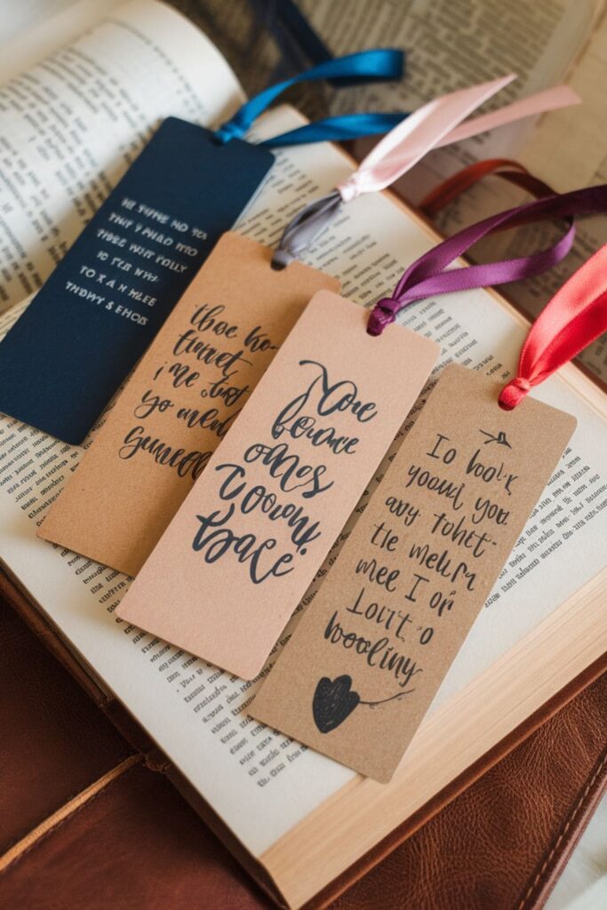 A collection of personalized bookmarks made from cardstock featuring various inspiring quotes, decorated with ribbons, laid out on a book