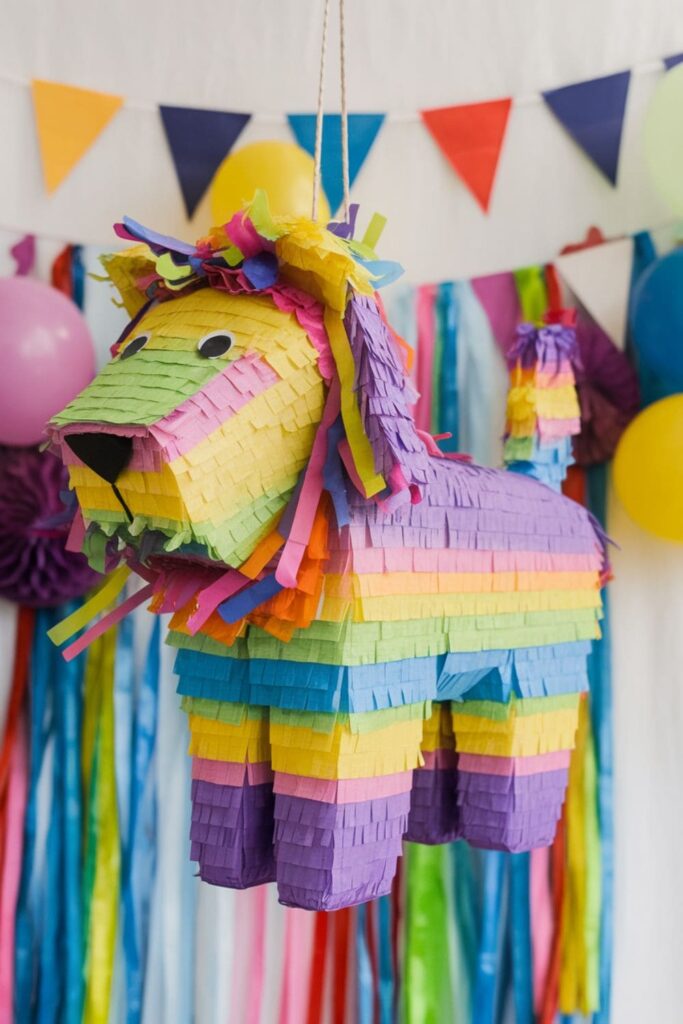 A colorful animal-shaped pinata made of cardboard and tissue paper