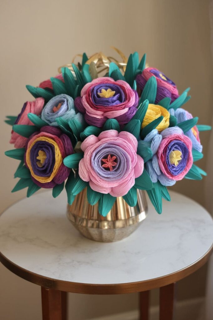 A colorful bouquet of crepe paper flowers in a vase