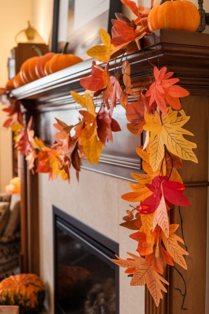A colorful paper leaf garland draped over a mantle