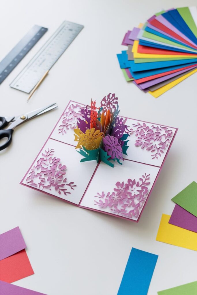 A colorful pop-up greeting card with floral 3D elements on a crafting table