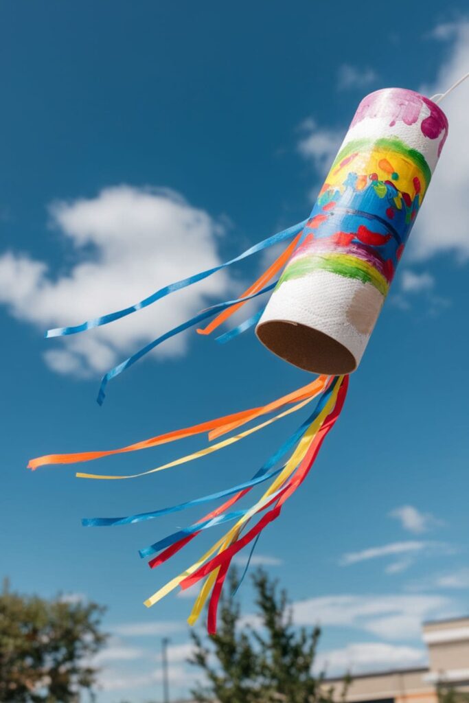 A colorful wind sock made from a cut paper towel roll, decorated with paint and streamers, hanging outside in the breeze