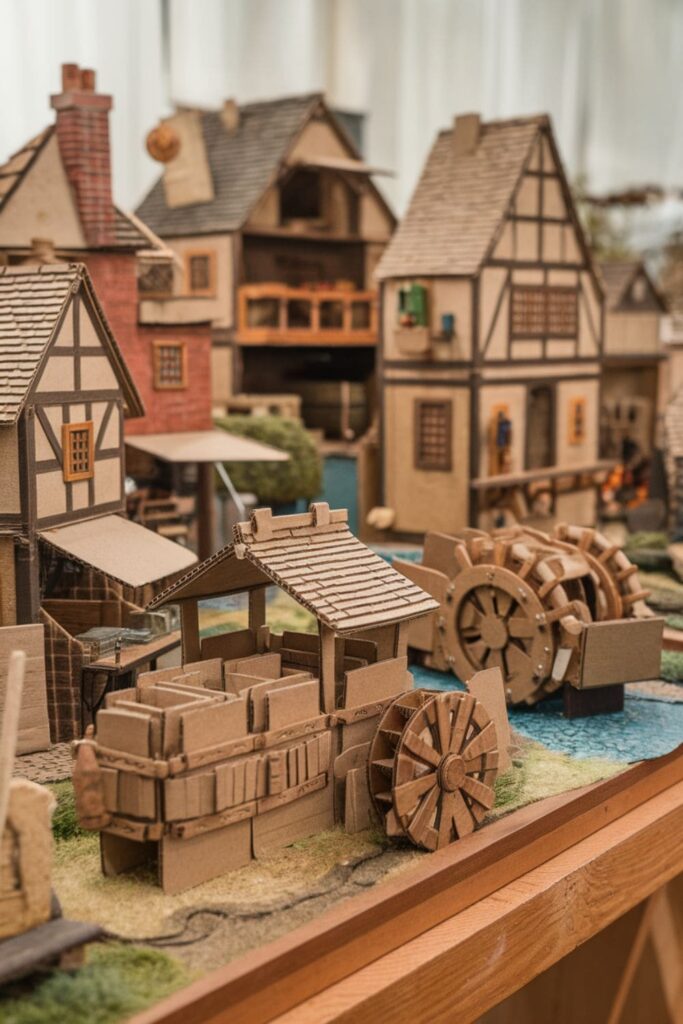 A detailed cardboard medieval village with market stalls and water wheels