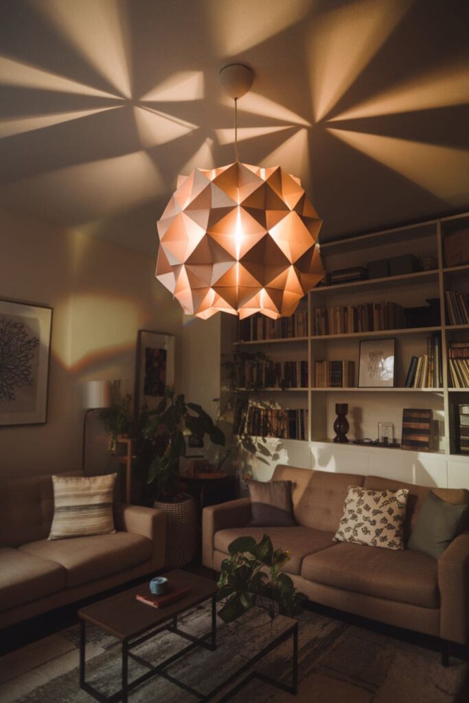A geometric origami light shade casting warm shadows
