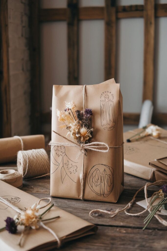 A gift wrapped in brown paper bag material with twine and dried flower decor