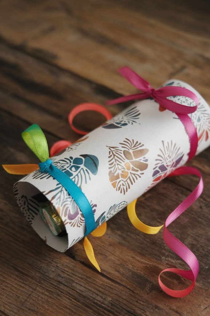 A gift-wrapping tube made from a decorated paper towel roll, containing small gifts inside and sealed at both ends with colorful ribbon