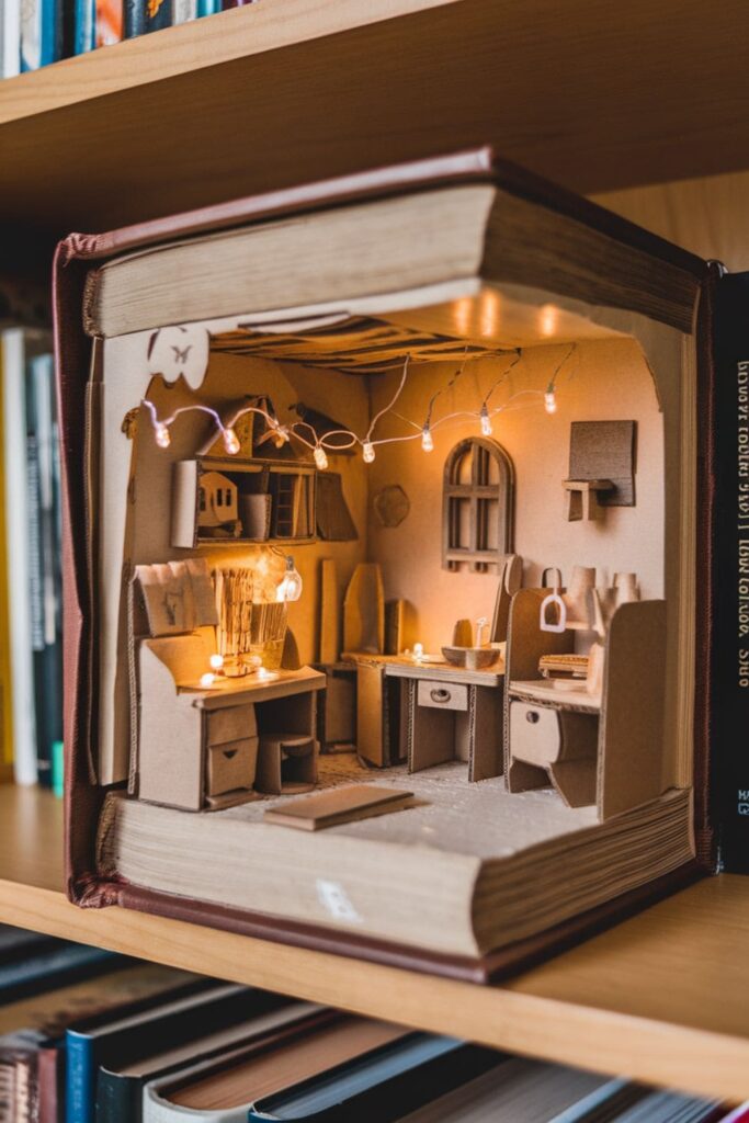 A magical miniature diorama of a medieval village inside a carved-out book