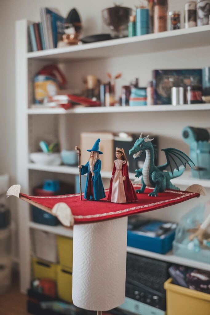 A mini magic carpet made from cardboard and fabric attached to a paper towel roll, featuring toy figures enjoying magical adventures on top