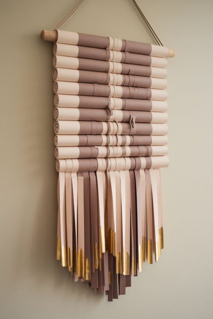 A modern wall hanging of rolled paper strips with gold tips