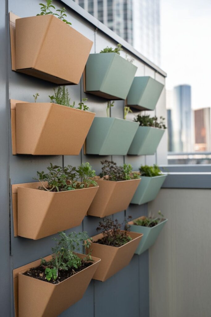 A modular cardboard vertical garden with small plants on a wall