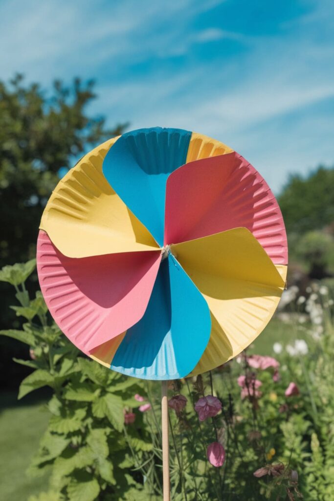 A paper plate pinwheel with colorful curved designs, spinning on a dowel rod in a garden with a soft breeze