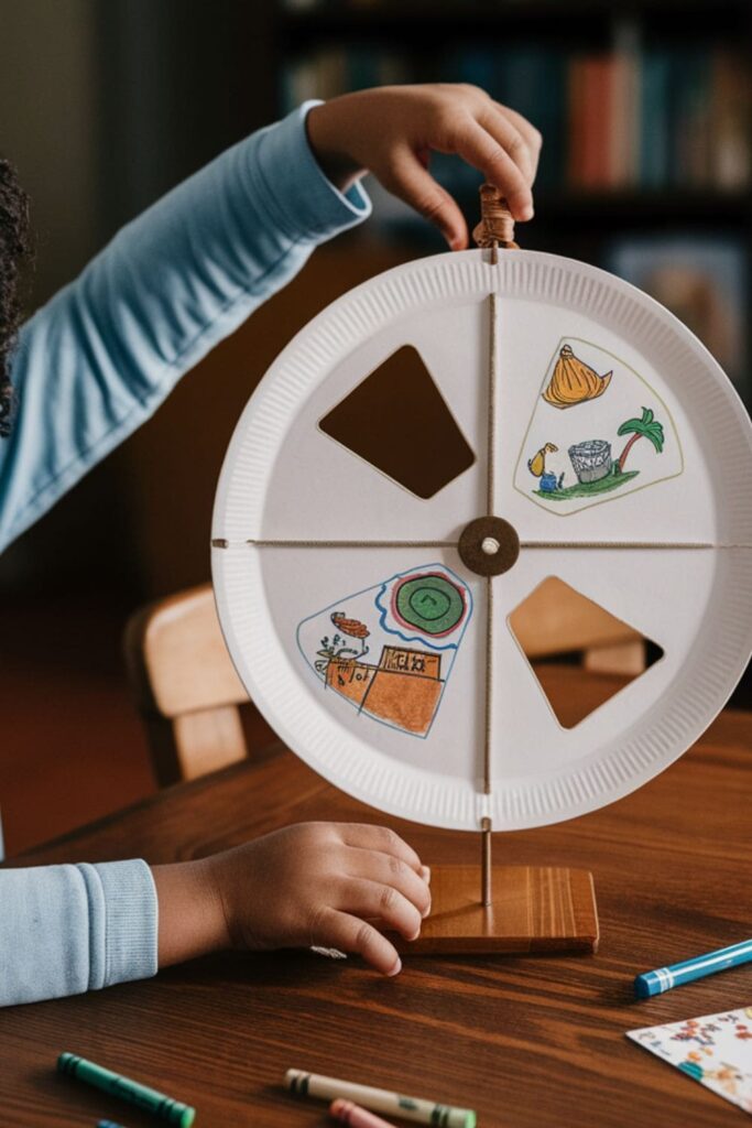 A paper plate storytelling wheel with cut-out windows revealing colorful story elements, set on a table with craft supplies