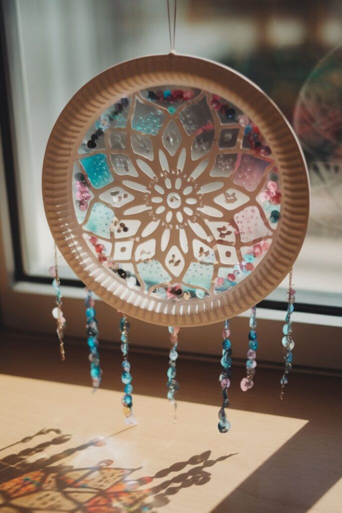 A paper plate sun catcher with colorful transparent paper and sequins, hanging in a window and casting vibrant shadows