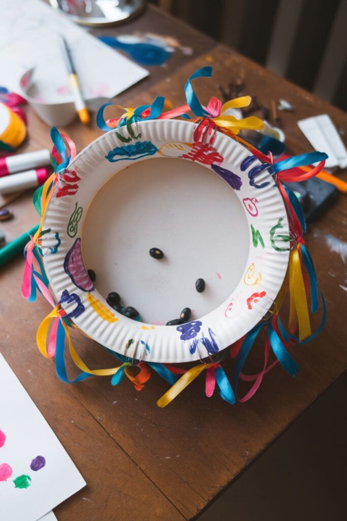 A paper plate tambourine decorated with colorful drawings and ribbons, with beans visible inside for sound