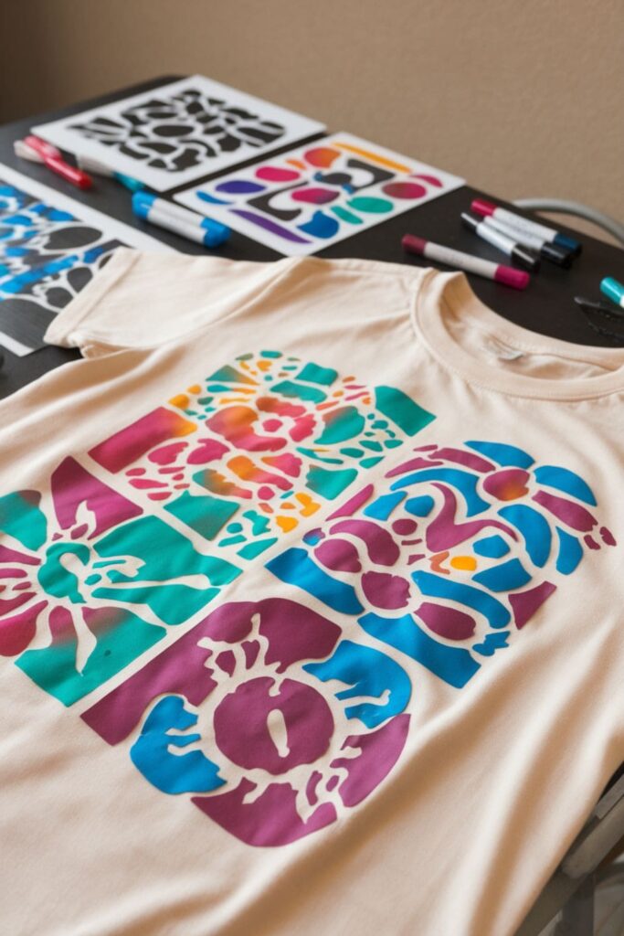 A plain light-colored T-shirt with colorful paper stencils and vibrant fabric marker designs displayed on a crafting table