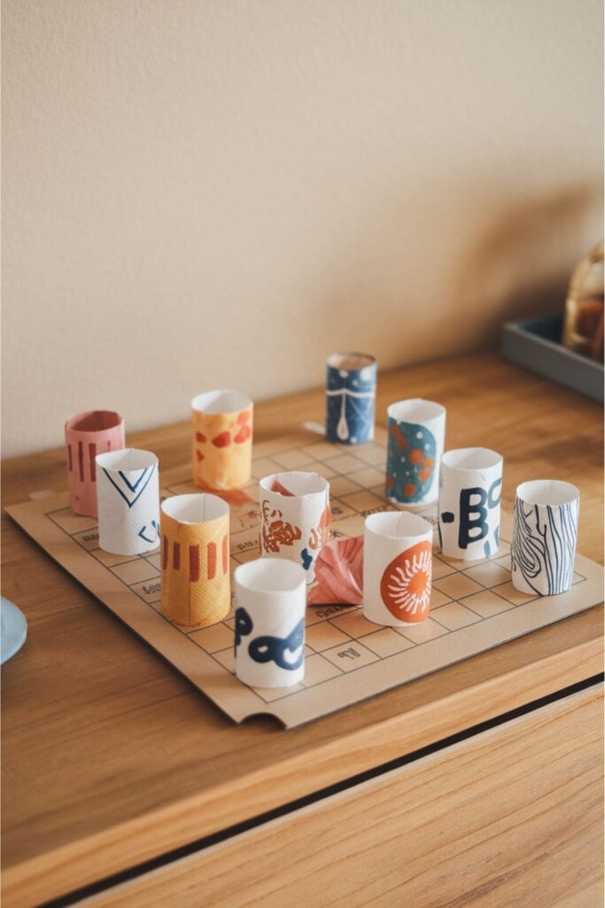 A portable travel game set created with decorated paper towel rolls as game pieces on a flat cardboard game board for road trip fun