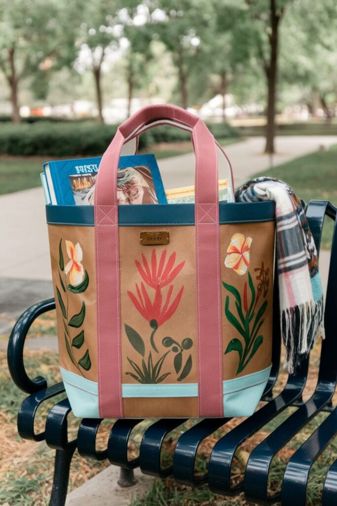 A reinforced paper bag tote with fabric handles, carrying books on a park bench