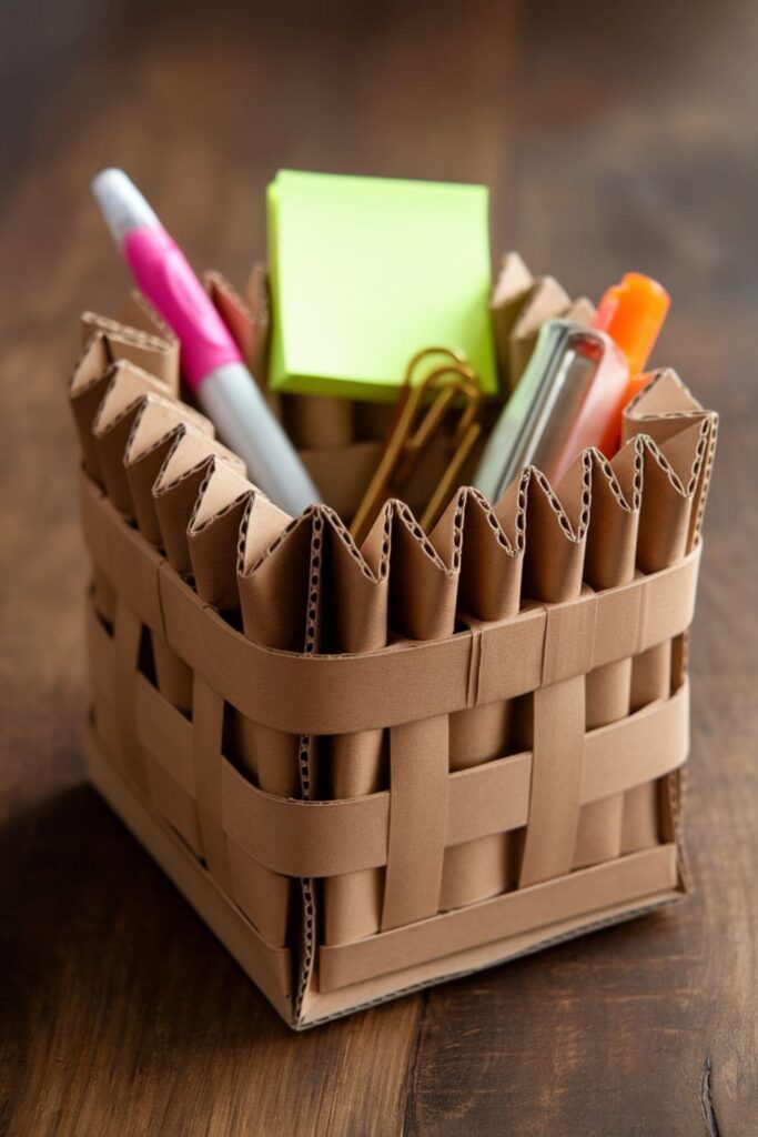 A sturdy paper basket holding small desk supplies