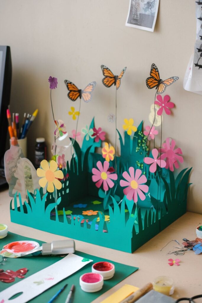 A vibrant paper garden with pop-up flowers and fluttering butterflies