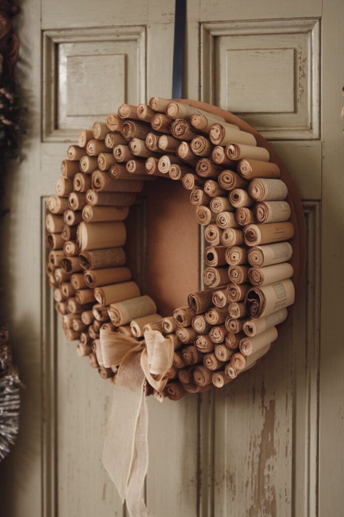 A vintage wreath made from rolled book pages