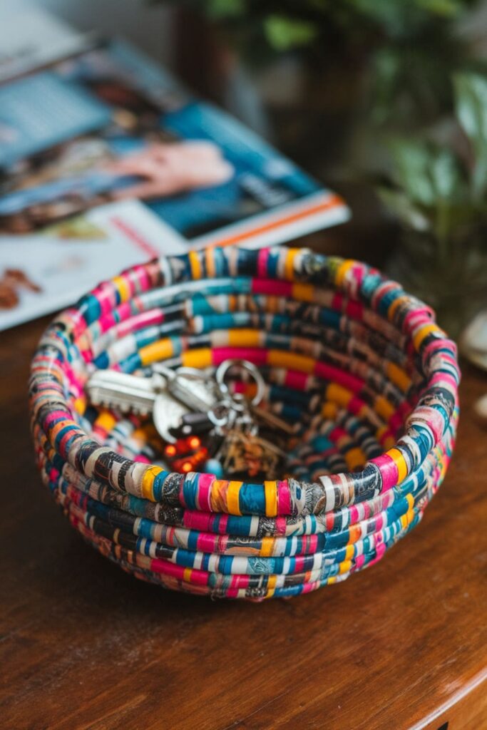 A woven bowl made from glossy magazine strips holding keys and trinkets