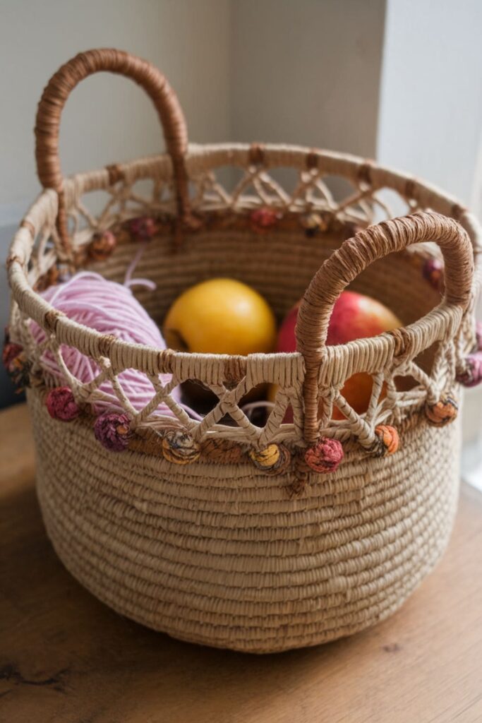 A woven paper bag basket with intricate patterns, holding yarn on a wooden table