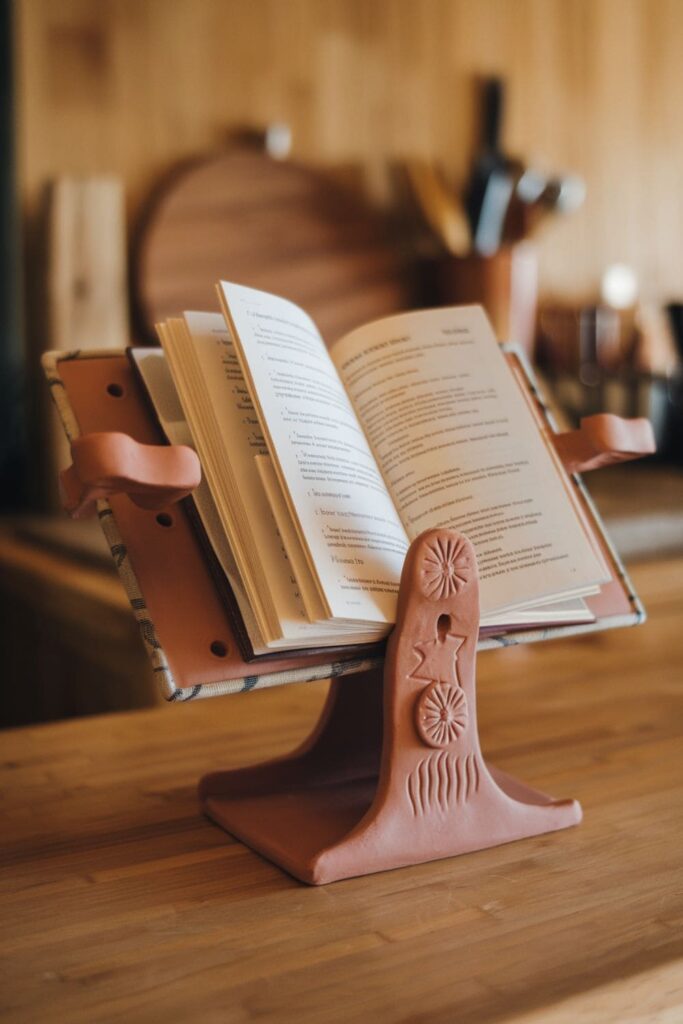 Adjustable clay cookbook stand with grooves and decorative details