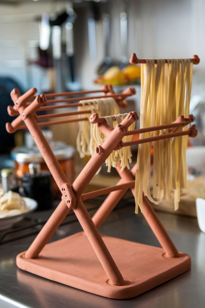 Adjustable clay pasta drying rack with foldable arms and stable base