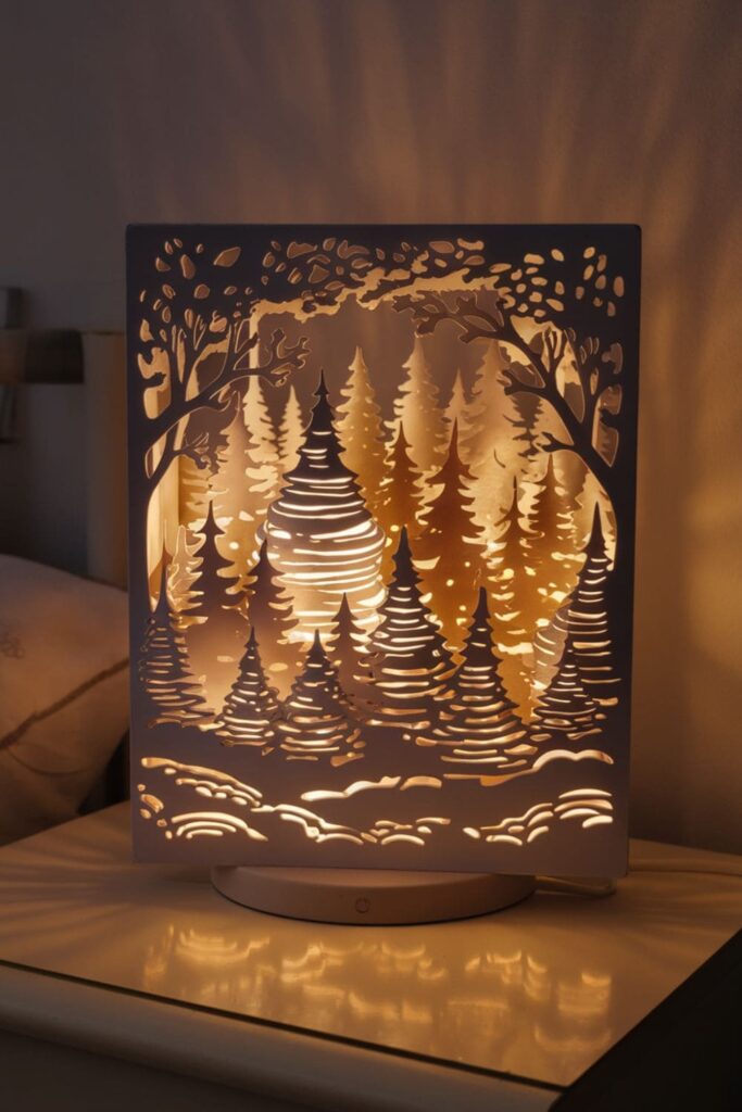 An illuminated paper-cut lightbox featuring a layered forest design