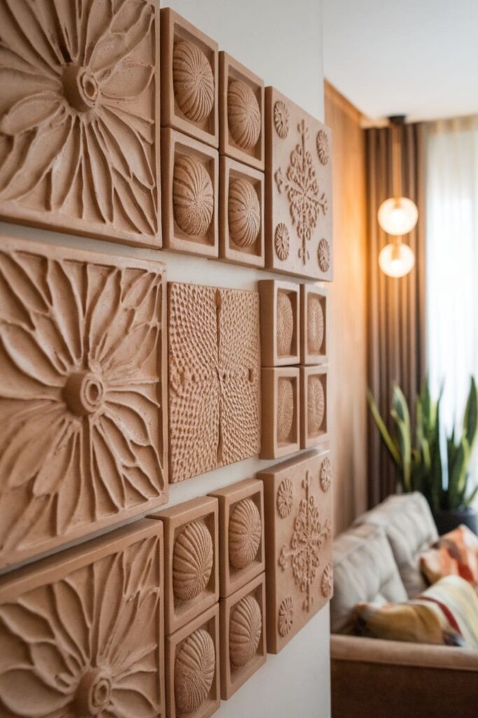 Artistic clay tiles with textured patterns on a living room wall