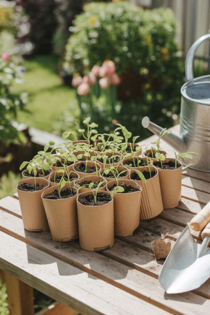 Biodegradable cardboard seedling pots made from toilet paper rolls, filled with soil and sprouting green plants